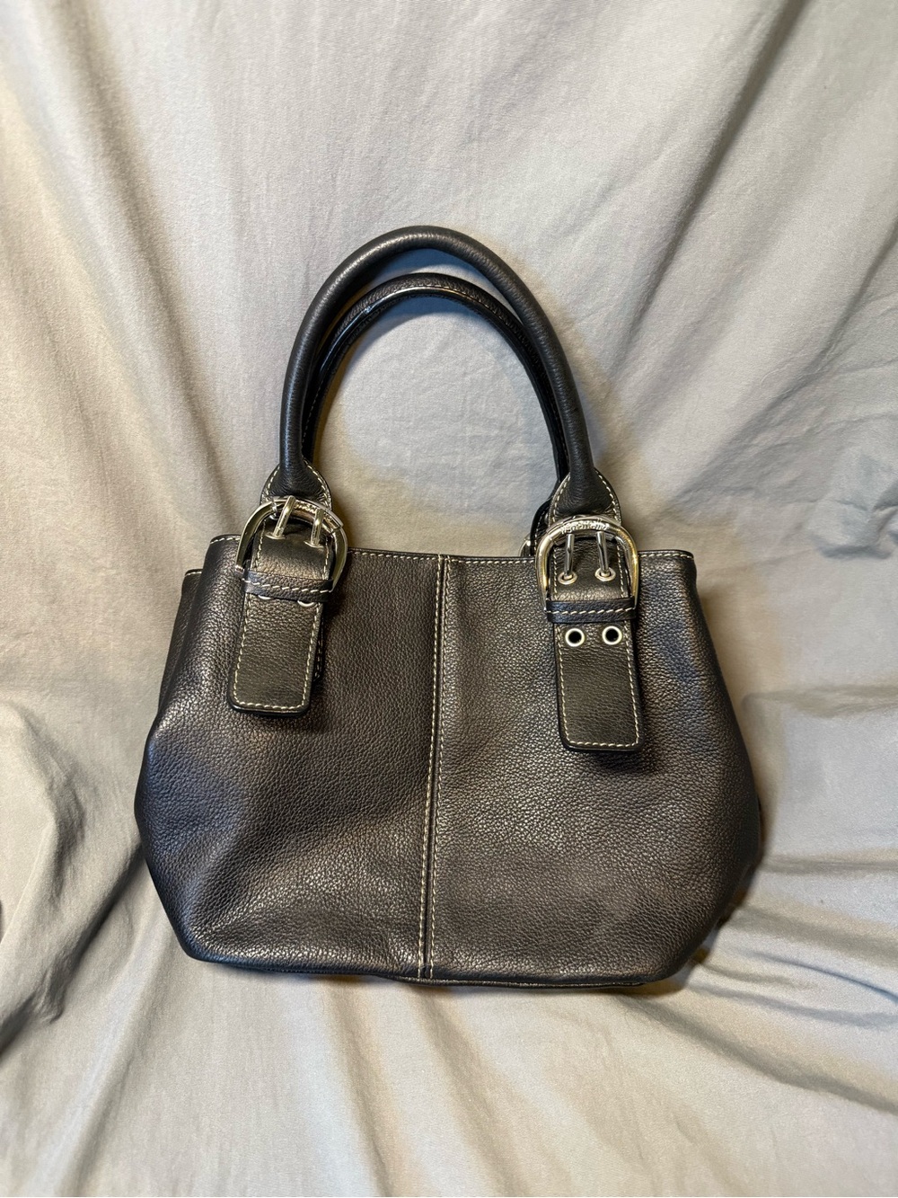 Classic Black Leather Shoulder Tote with Silver Buckle Detail